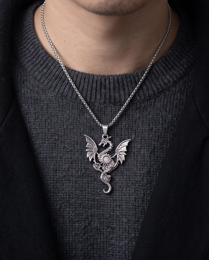 Silver Steampunk Dragon Gear Pendant Necklace