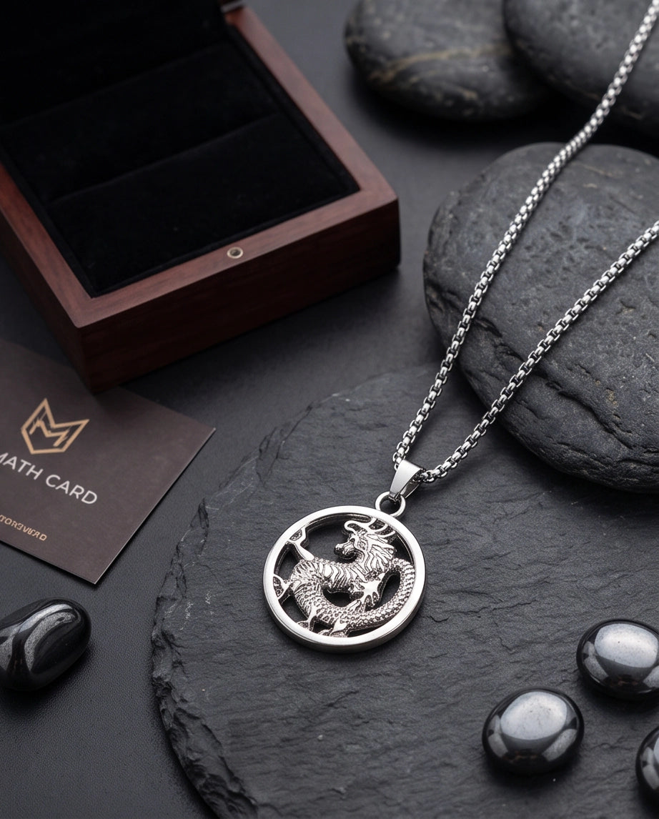 Silver Circular Dragon Medallion Pendant Necklace
