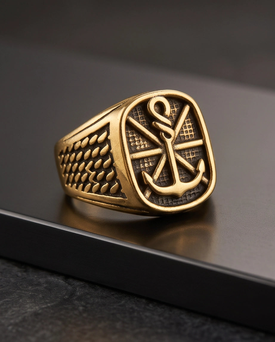 Anchor Sunburst Cushion Gold Signet Ring