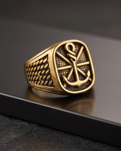 Anchor Sunburst Cushion Gold Signet Ring