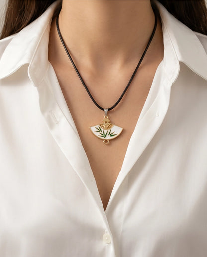 White Enamel Bamboo Fan Pendant Necklace