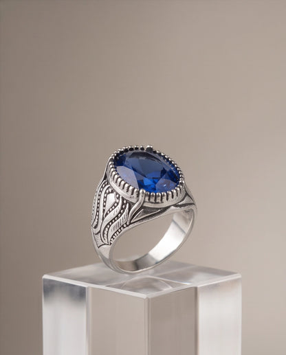 Sapphire Blue Oval-Cut Gemstone Beaded Bezel Textured Silver Ring