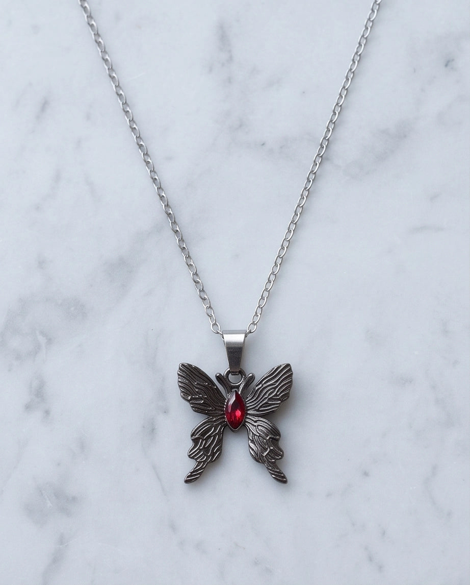Black Textured Butterfly Red Gem Pendant Necklace