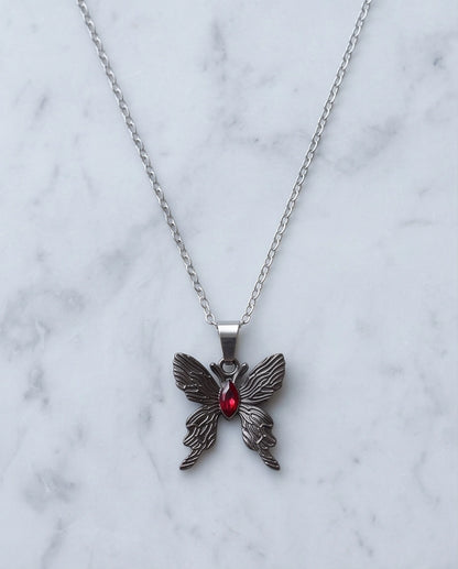 Black Textured Butterfly Red Gem Pendant Necklace