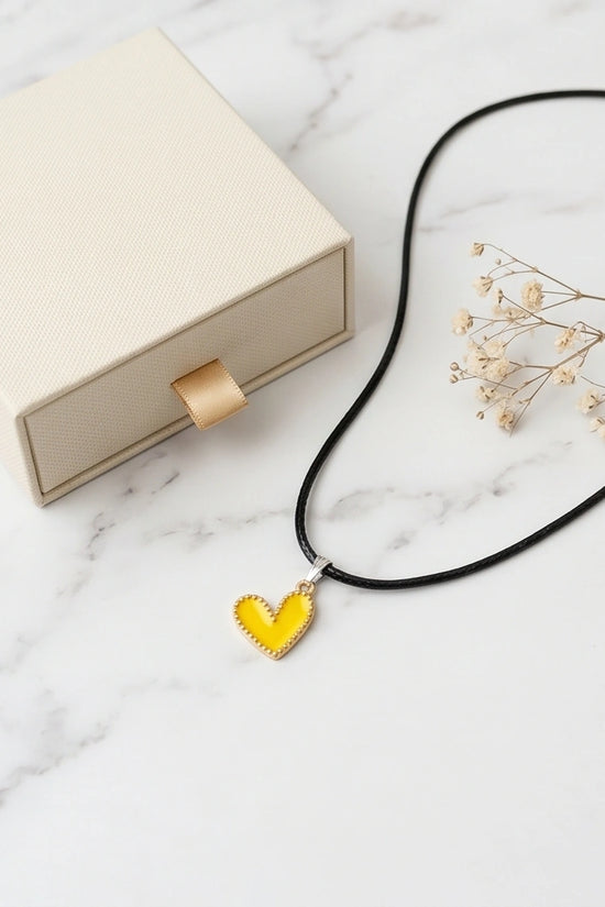 Vibrant Yellow Beaded-Edge Heart Enamel Pendant Necklace