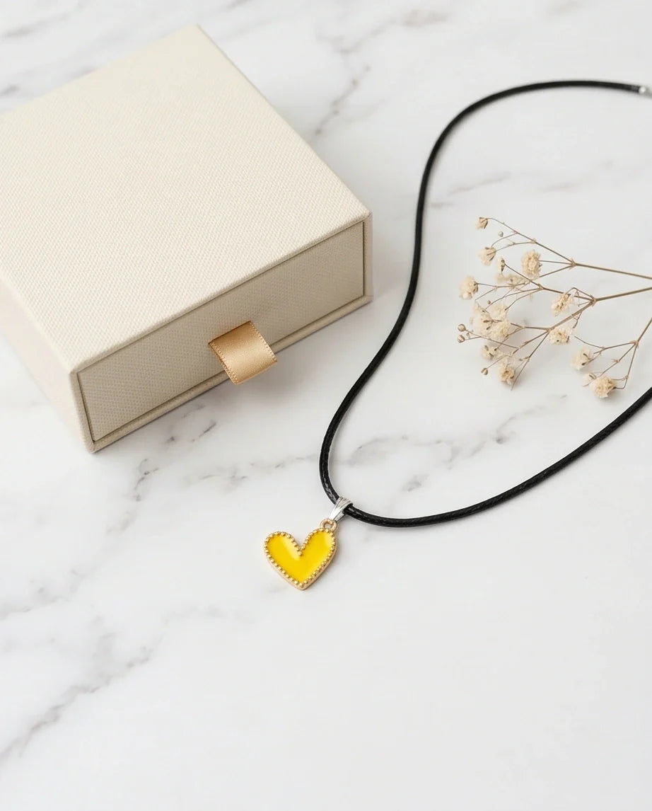 Vibrant Yellow Beaded-Edge Heart Enamel Pendant Necklace