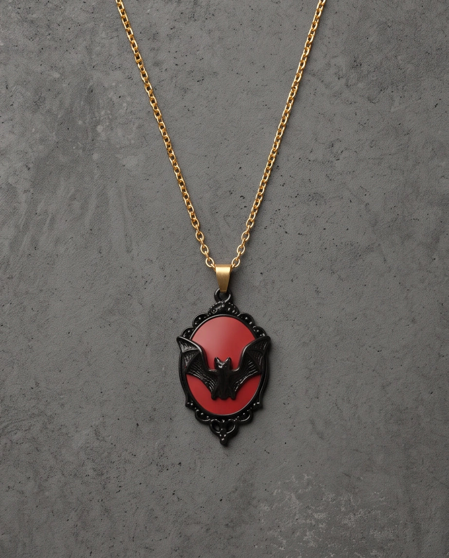 Black Gothic Bat Red Enamel Medallion Chain Necklace