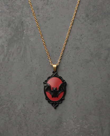 Black Gothic Bat Red Enamel Medallion Chain Necklace