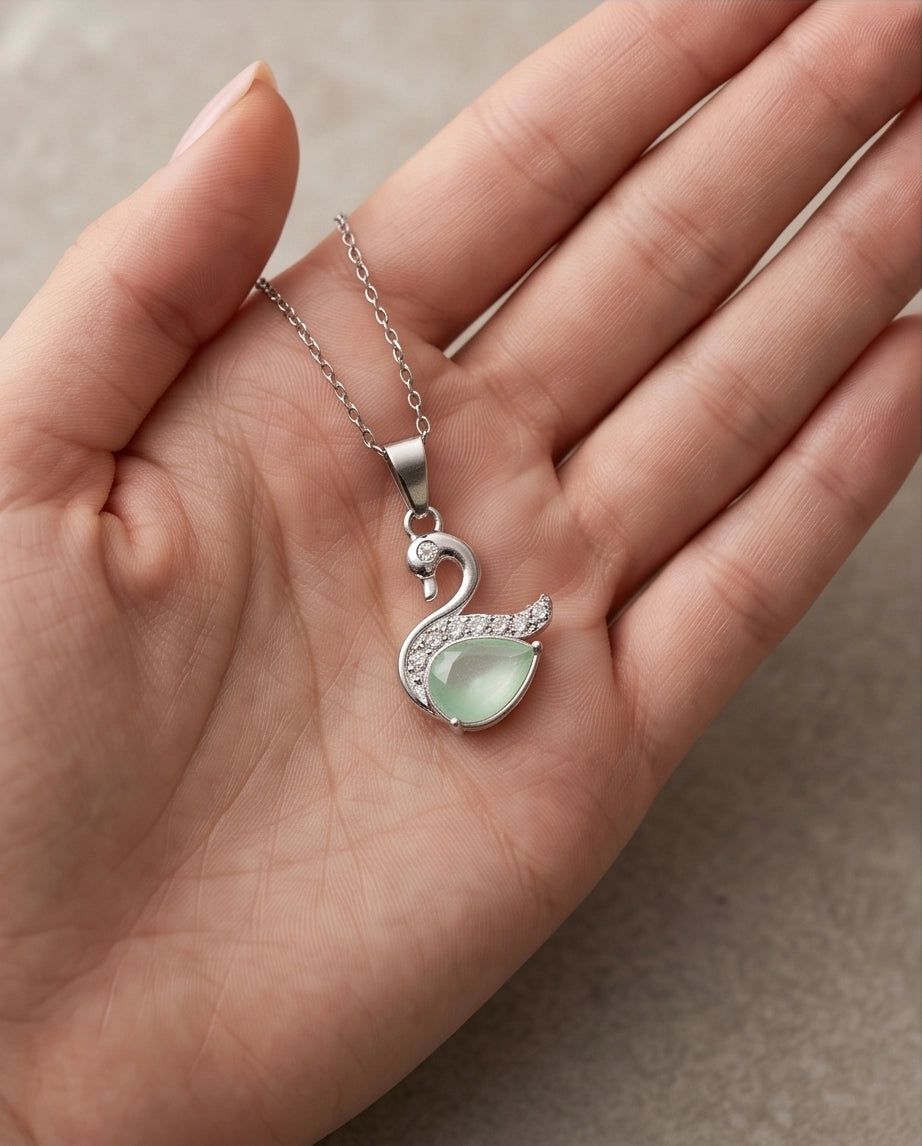 Silver Mint Green Swan Pendant Necklace
