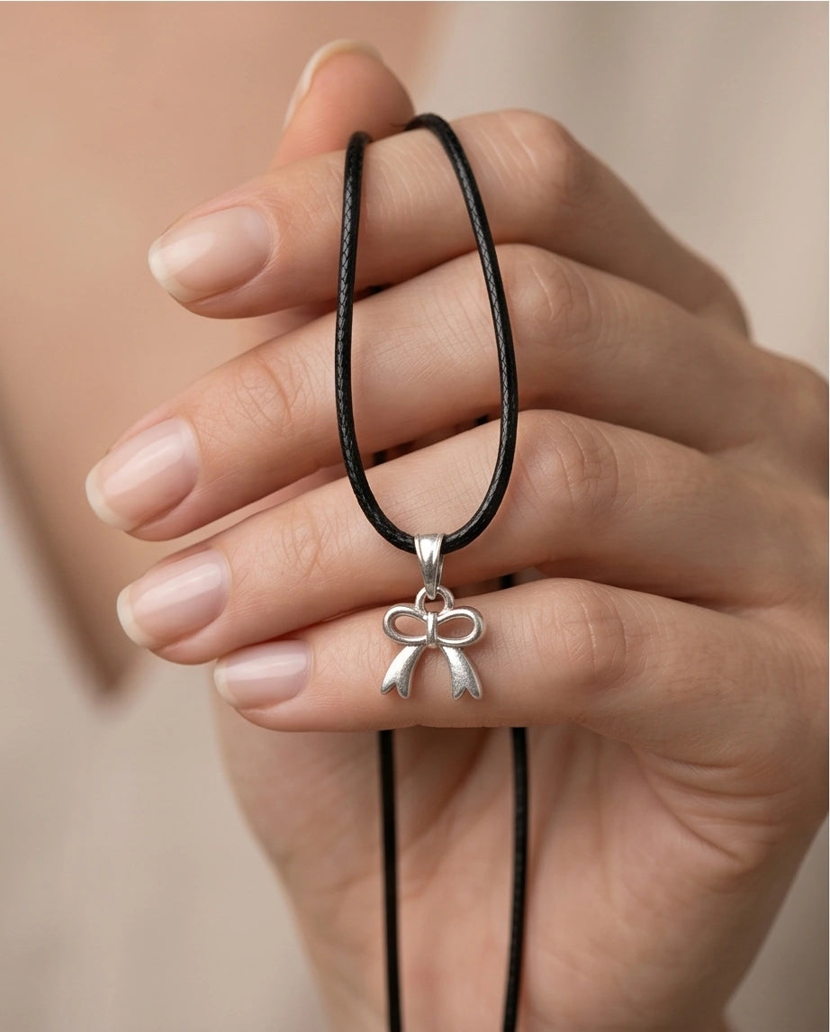 Silver Polished Ribbon Bow Necklace