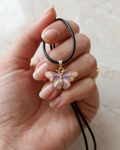 Pink & Lavender Enamel Butterfly Pendant Necklace