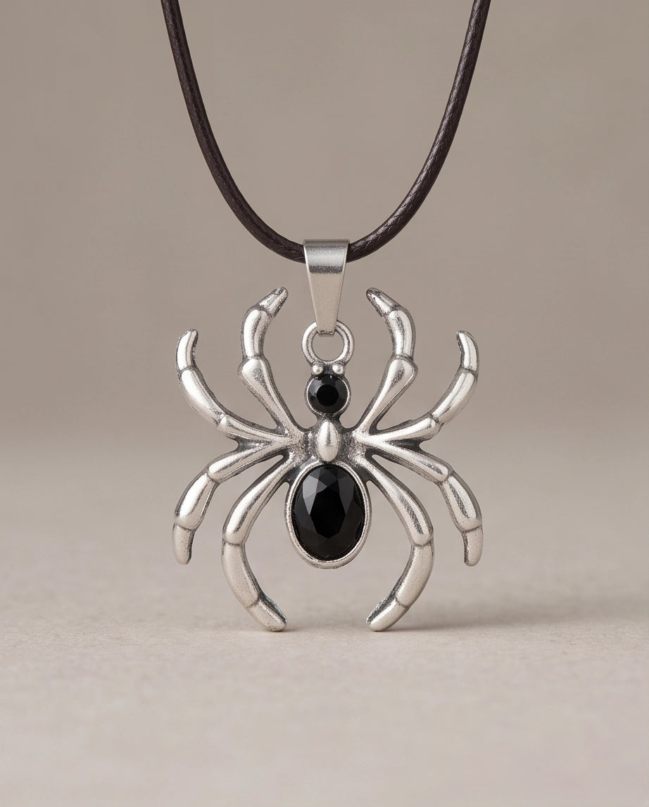 Silver Black Gemstone Spider Pendant Necklace