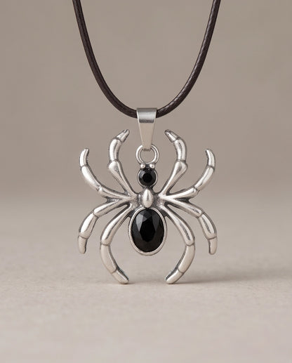 Silver Black Gemstone Spider Pendant Necklace