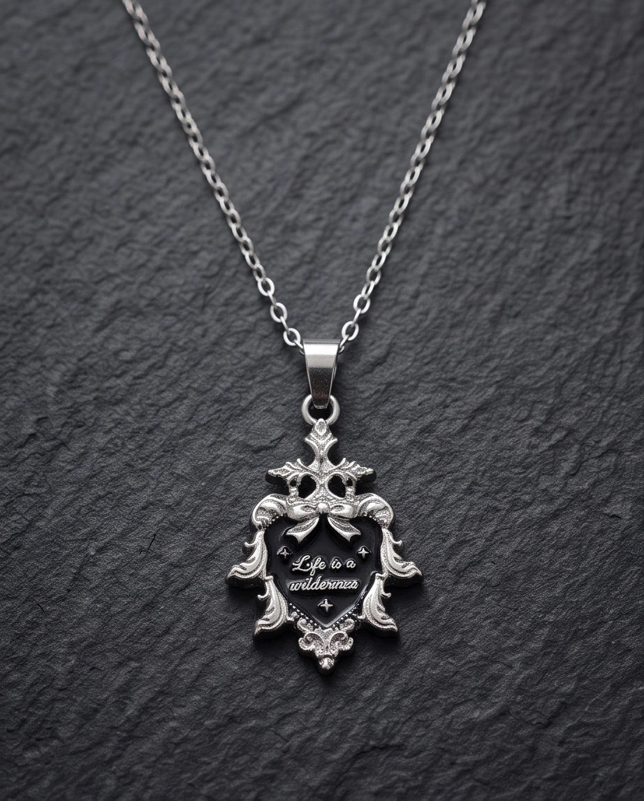 Silver Vintage Heart Engraved Black Enamel Pendant Necklace