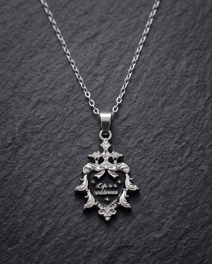 Silver Vintage Heart Engraved Black Enamel Pendant Necklace