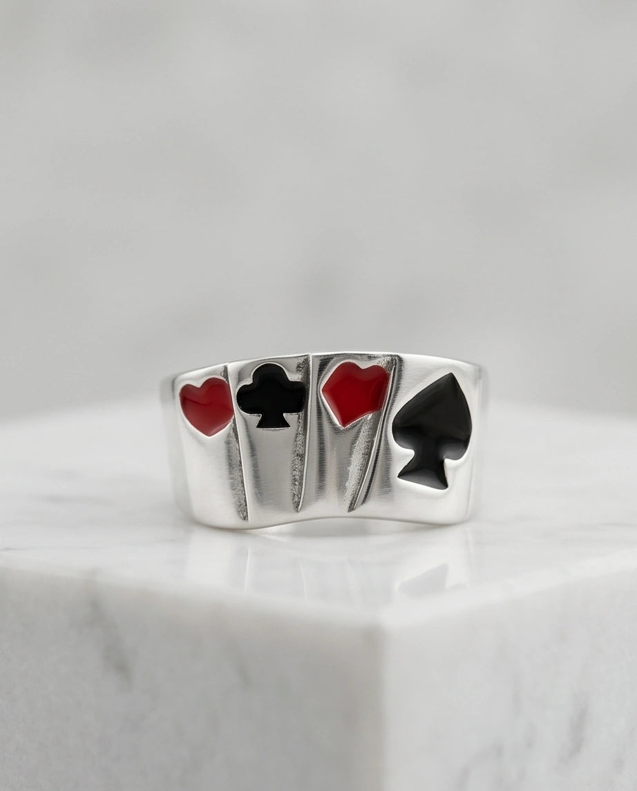 Sterling Silver Poker Card Suits Signet Ring