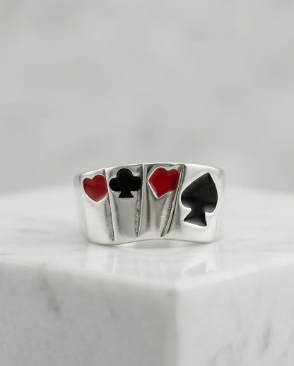 Sterling Silver Poker Card Suits Signet Ring