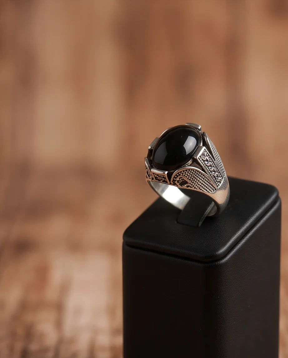 Obsidian Eclipse Stippled Signet Ring