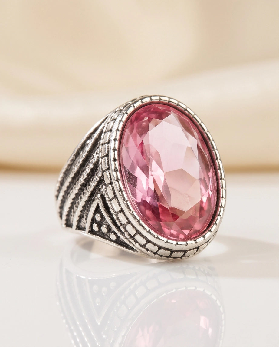 Rose Gemstone Beaded Scale Silver Ring