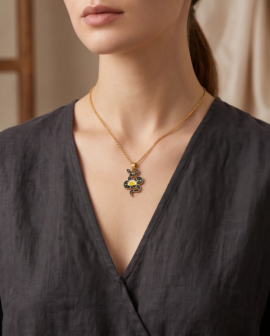 Gold Sunburst Serpent Enamel Pendant Necklace