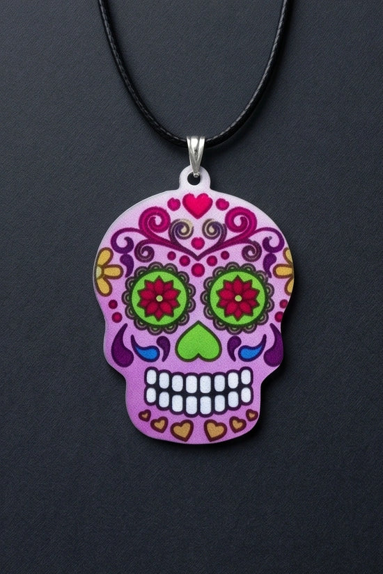 Vibrant Pastel Pink Sugar Skull Día de los Muertos Pendant Necklace