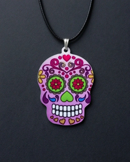 Vibrant Pastel Pink Sugar Skull Día de los Muertos Pendant Necklace