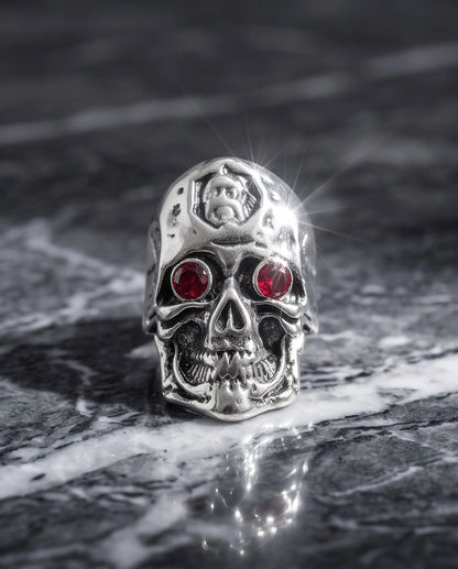 Crimson-Eyed Sculpted Skull Crest Ring