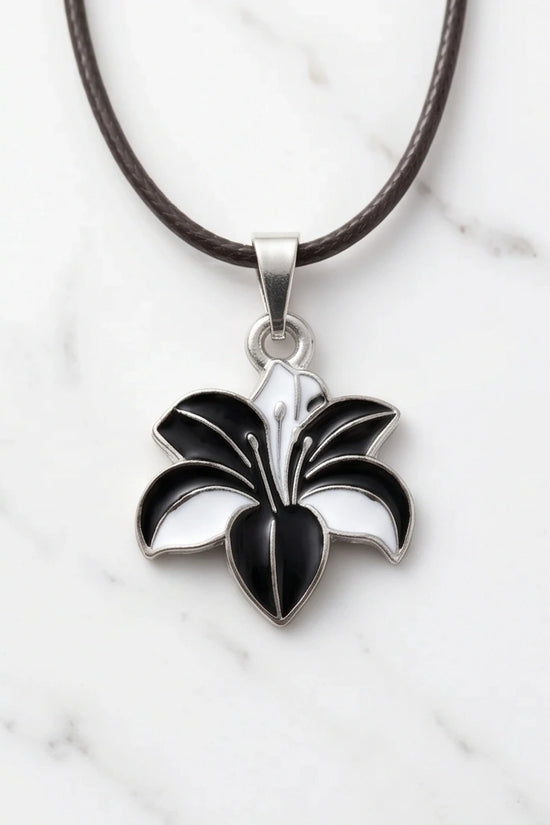Bold Black and White Lily Enamel Pendant Necklace