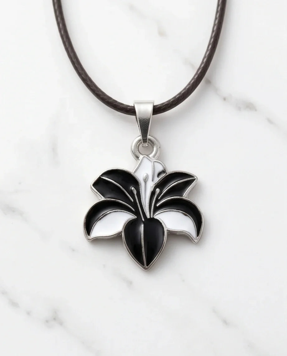 Bold Black and White Lily Enamel Pendant Necklace