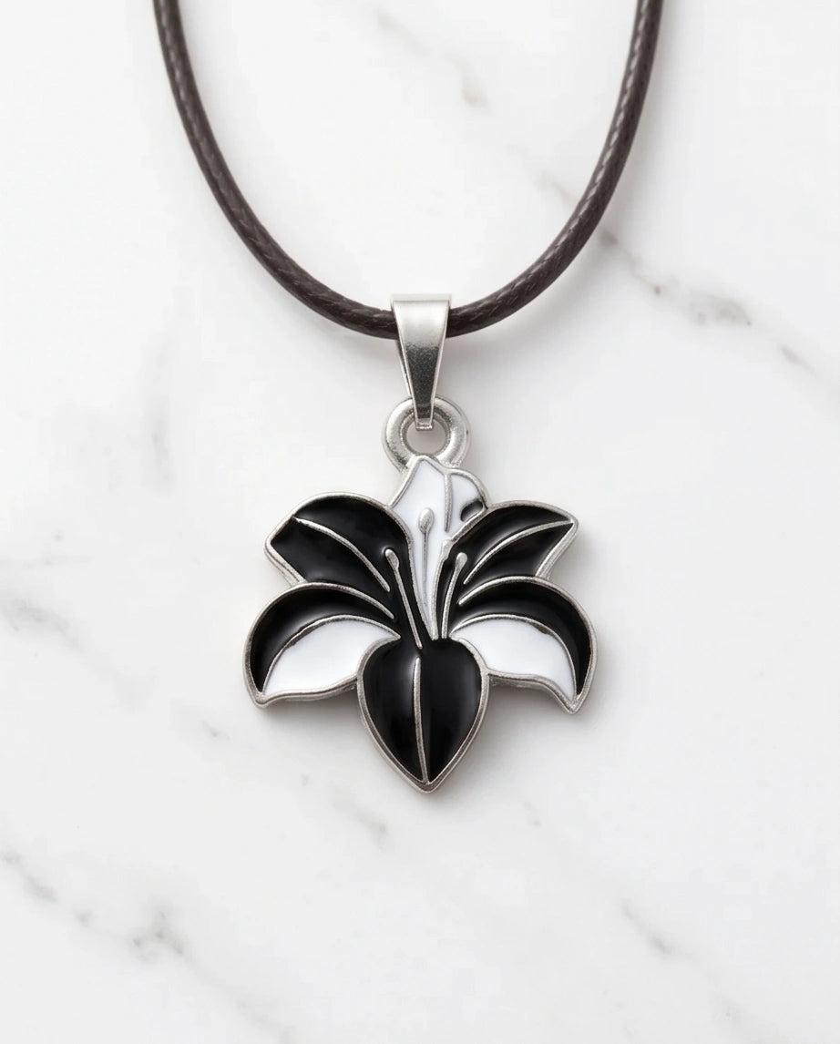 Bold Black and White Lily Enamel Pendant Necklace