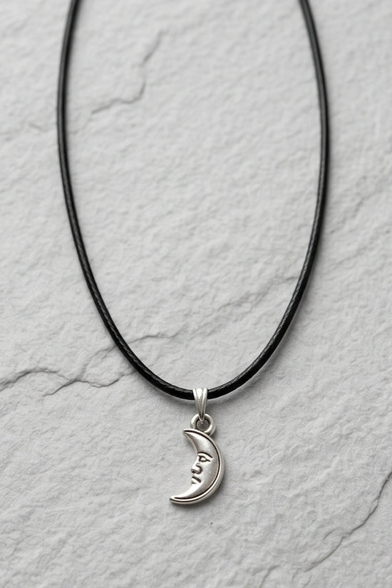 Silver Vintage Crescent Moon Face Necklace