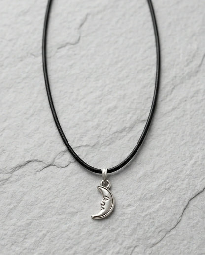 Silver Vintage Crescent Moon Face Necklace