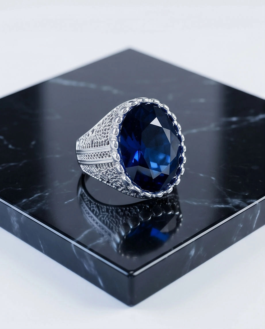 Oxidized Silver Large Oval Sapphire Filigree Signet Ring
