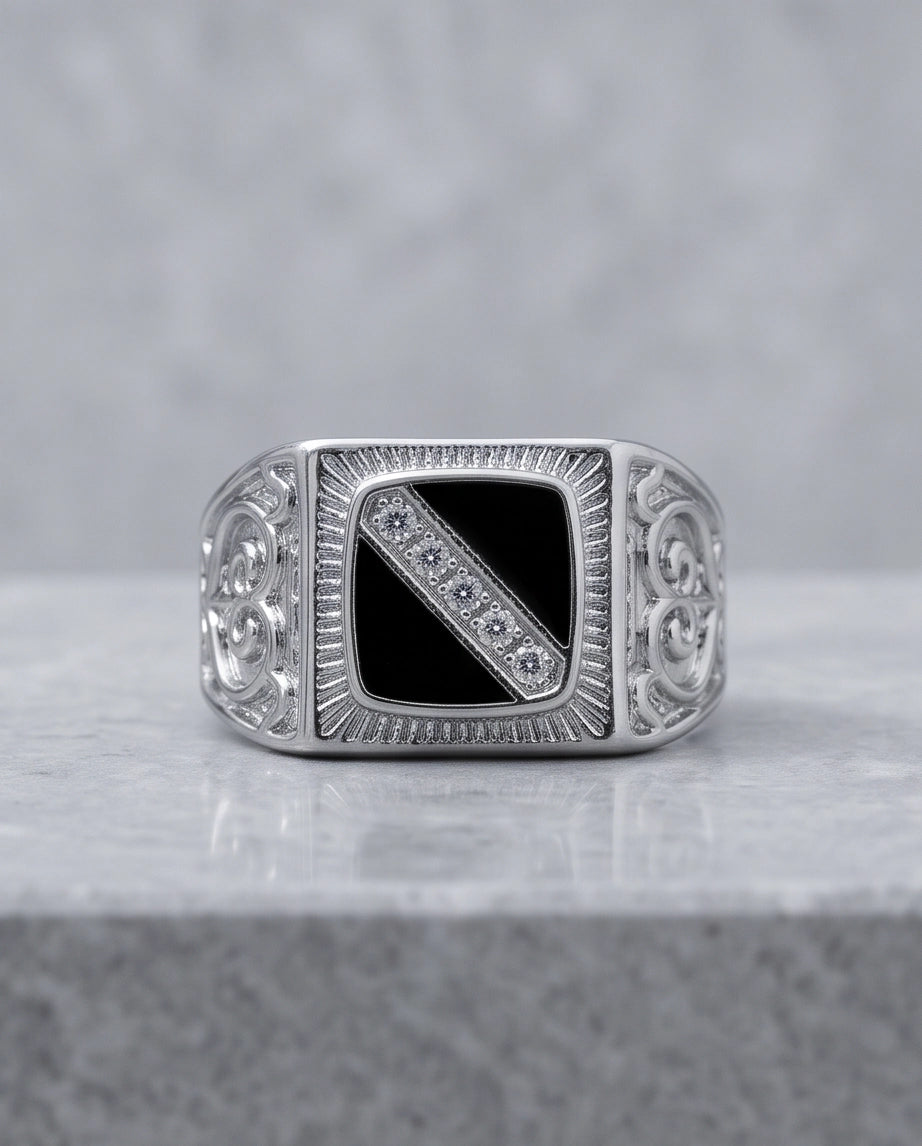 Onyx-Inlay Channel Pavé Diagonal Striped Filigree Silver Ring