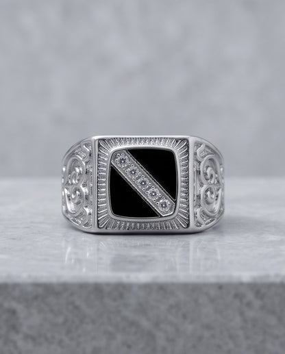Onyx-Inlay Channel Pavé Diagonal Striped Filigree Silver Ring