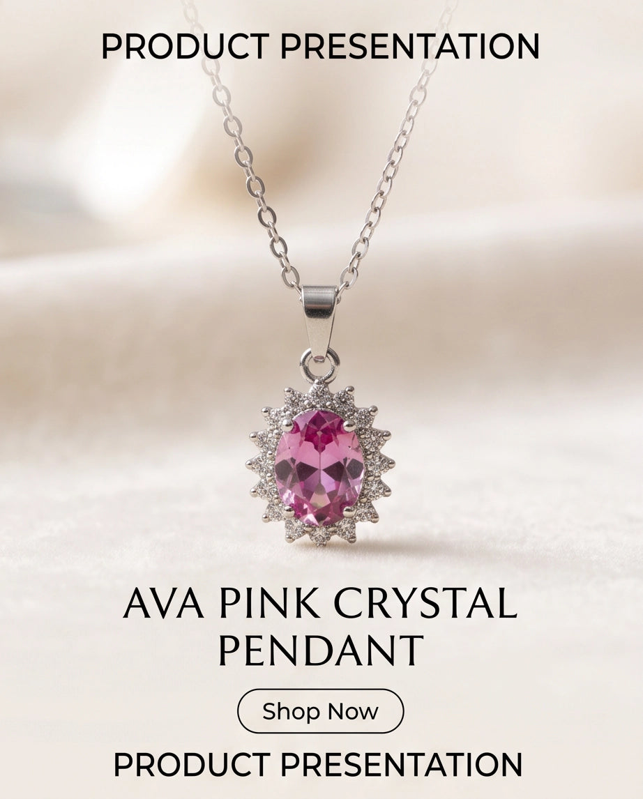Silver Pink Crystal Oval Halo Medallion Pendant Necklace