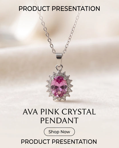 Silver Pink Crystal Oval Halo Medallion Pendant Necklace