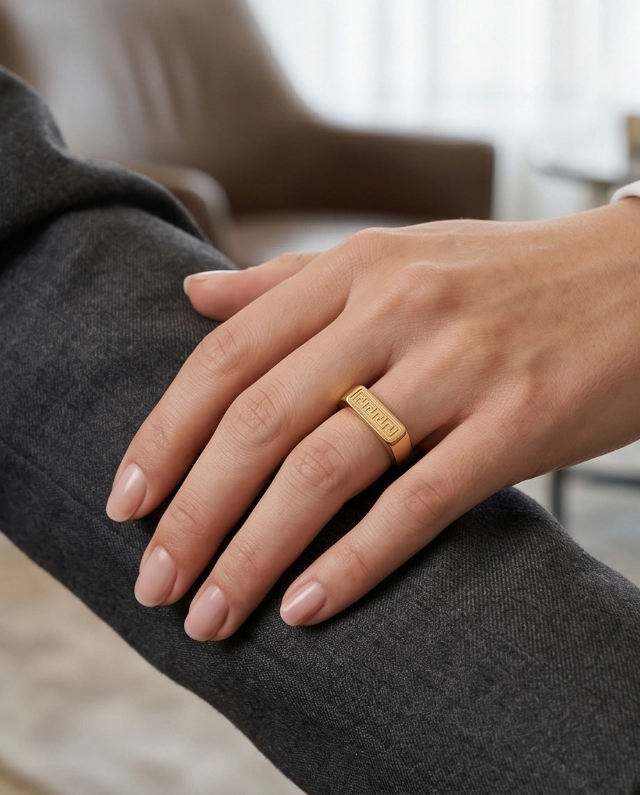 Golden Grecian Key Minimalist Signet Ring