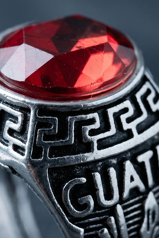 Vintage Greek Key Ruby Red Gemstone Ring