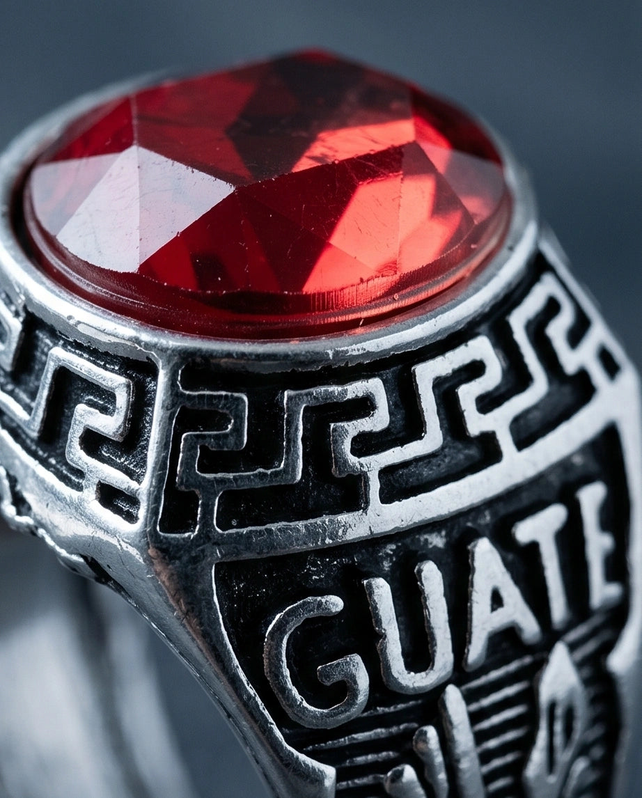 Vintage Greek Key Ruby Red Gemstone Ring