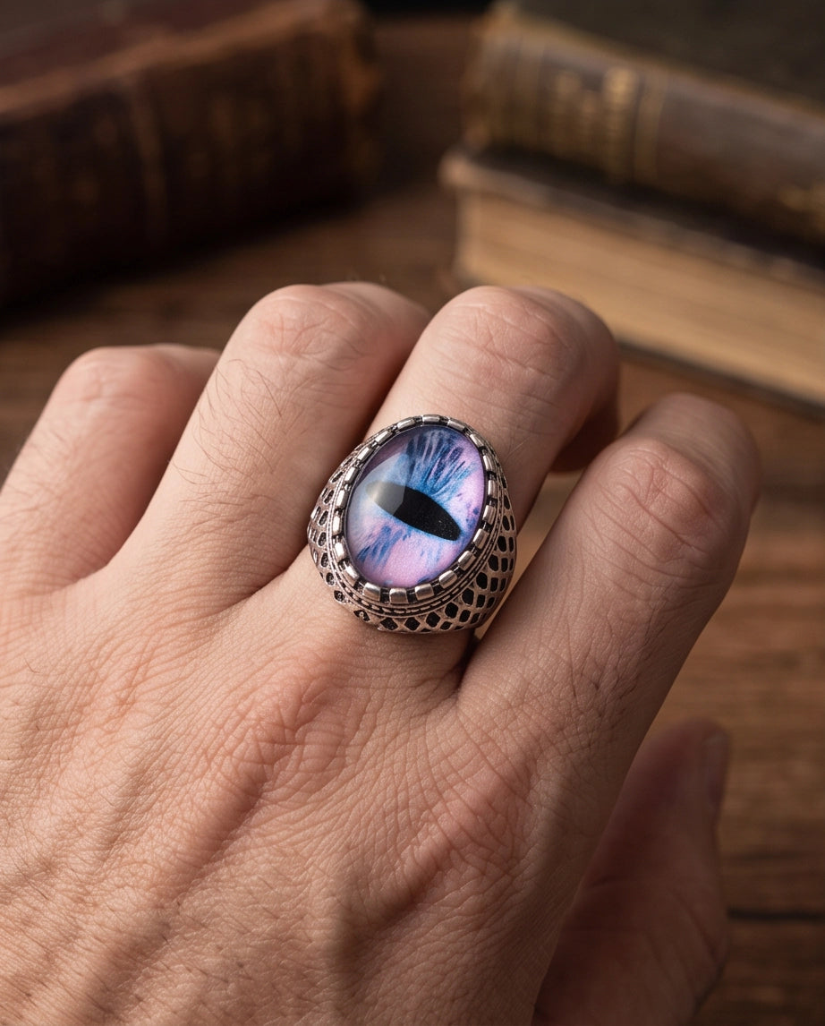 Purple-Blue Slit-Pupil Dragon-Eye Honeycomb-Band Silver Ring