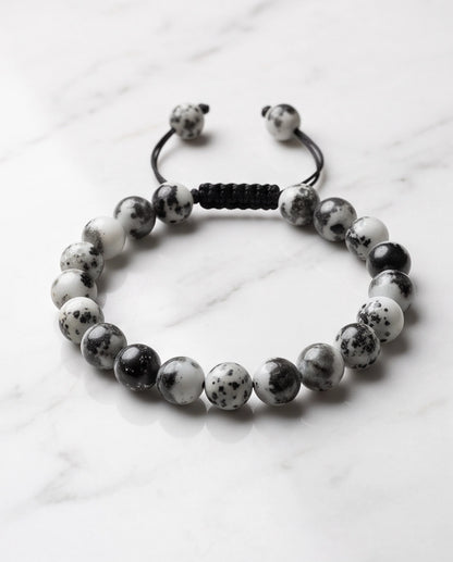 Dalmatian Jasper Black & White Speckled Stone Beaded Adjustable Macrame Bracelet