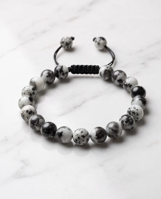Dalmatian Jasper Black & White Speckled Stone Beaded Adjustable Macrame Bracelet