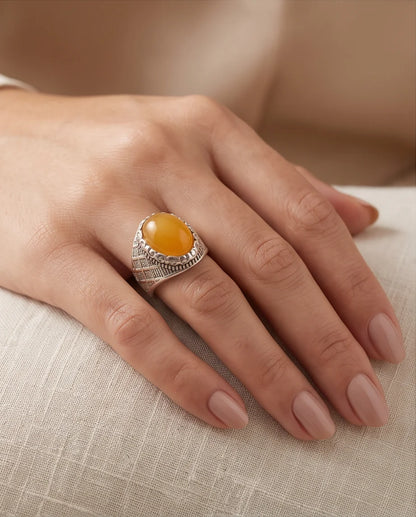Amber Cabochon Crown Bezel Crosshatch Silver Ring