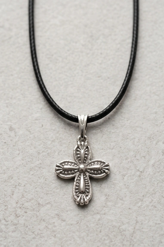 Silver Textured Petal Cross Necklace