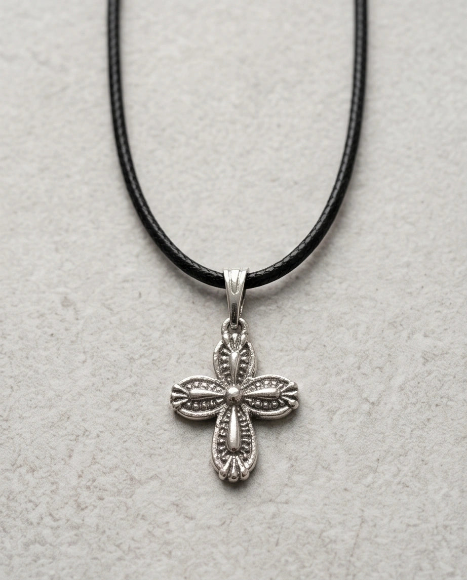 Silver Textured Petal Cross Necklace