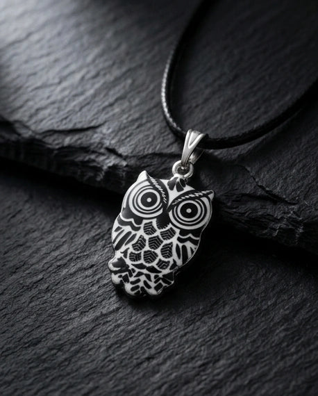 Intricate Monochrome Owl Totem Pendant Necklace