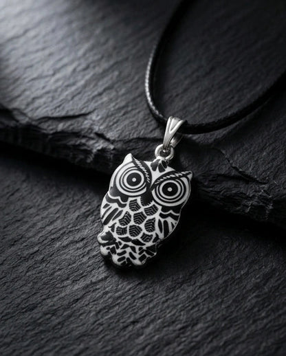 Intricate Monochrome Owl Totem Pendant Necklace