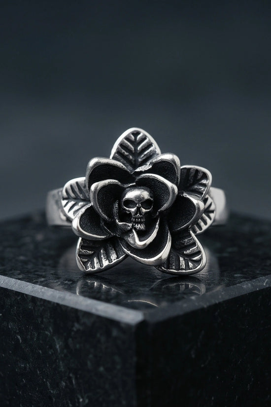 Gothic Sterling Silver Skull Rose Ring