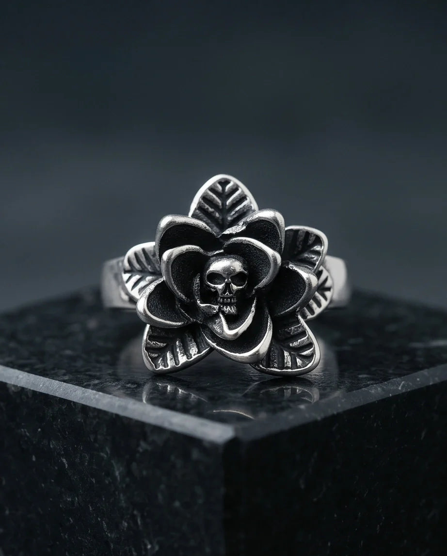 Gothic Sterling Silver Skull Rose Ring